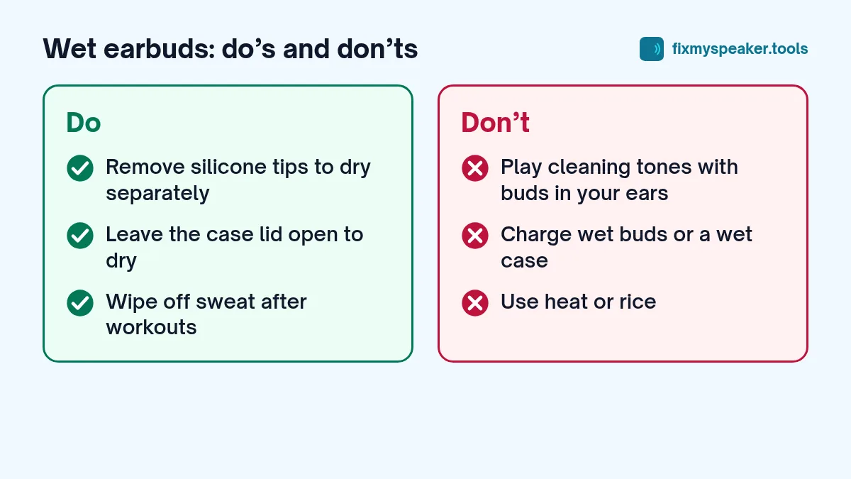 wet earbuds – Do: Remove silicone tips to dry separately, Leave the case lid open to dry, Wipe off sweat after workouts. Don’t: Play cleaning tones with buds in your ears, Charge wet buds or a wet case, Use heat or rice