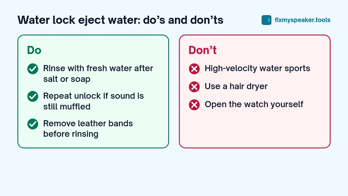 water lock eject water – Do: Rinse with fresh water after salt or soap, Repeat unlock if sound is still muffled, Remove leather bands before rinsing. Don’t: High-velocity water sports, Use a hair dryer, Open the watch yourself
