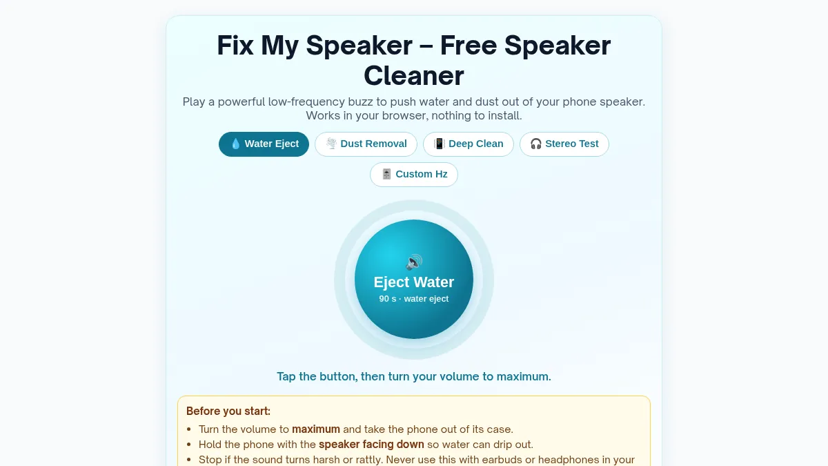 Screenshot of the Fix My Speaker speaker cleaner tool with Water Eject, Dust Removal, Deep Clean, Stereo Test and Custom Hz modes
