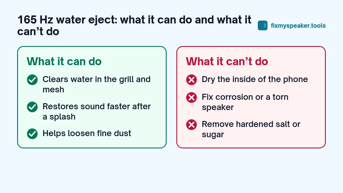 165 Hz water eject – What it can do: Clears water in the grill and mesh, Restores sound faster after a splash, Helps loosen fine dust. What it can’t do: Dry the inside of the phone, Fix corrosion or a torn speaker, Remove hardened salt or sugar