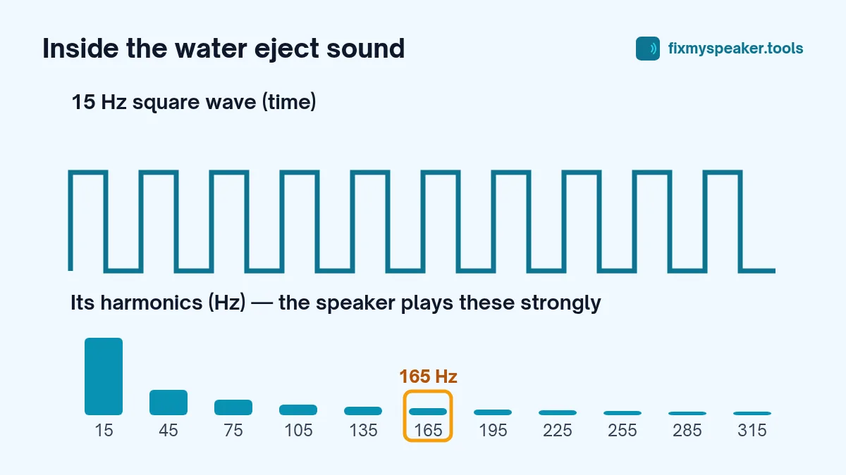 Diagram of the 15 Hz square-wave water eject sound and its harmonics at 45, 75, 105, 135 and 165 Hz