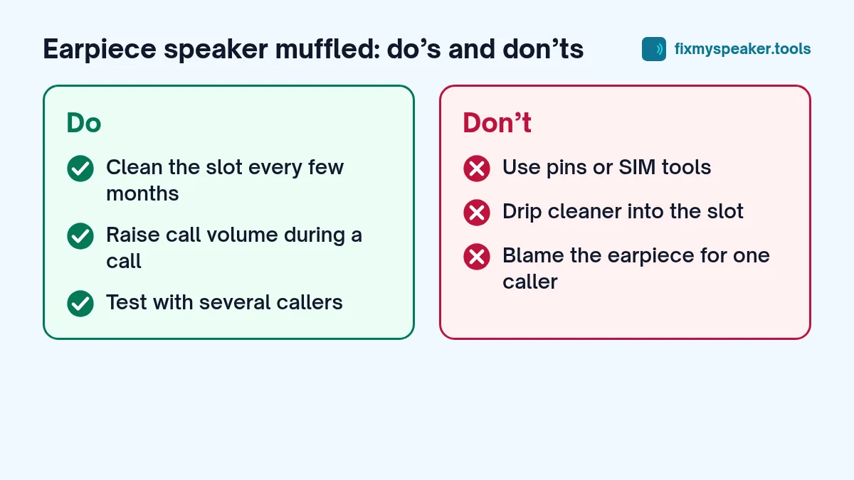earpiece speaker muffled – Do: Clean the slot every few months, Raise call volume during a call, Test with several callers. Don’t: Use pins or SIM tools, Drip cleaner into the slot, Blame the earpiece for one caller