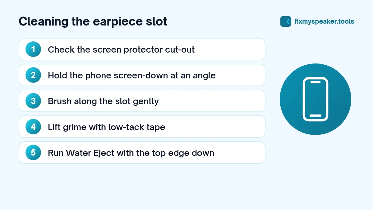 Cleaning the earpiece slot: 1. Check the screen protector cut-out; 2. Hold the phone screen-down at an angle; 3. Brush along the slot gently; 4. Lift grime with low-tack tape; 5. Run Water Eject with the top edge down