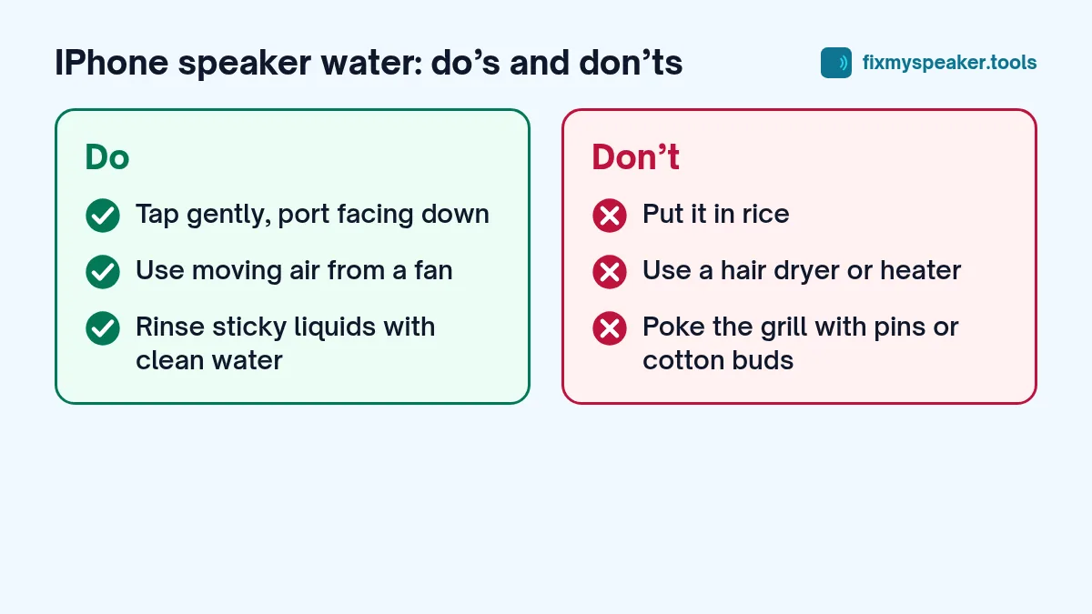 iPhone speaker water – Do: Tap gently, port facing down, Use moving air from a fan, Rinse sticky liquids with clean water. Don’t: Put it in rice, Use a hair dryer or heater, Poke the grill with pins or cotton buds