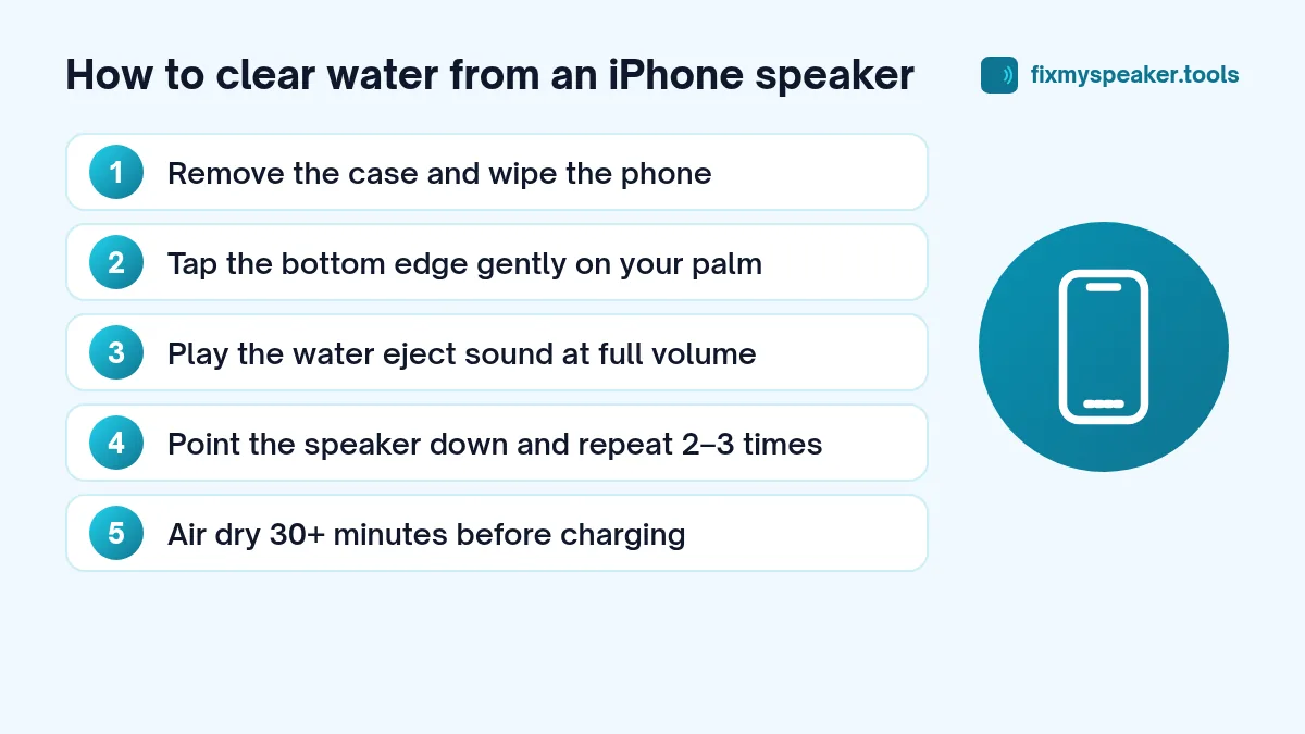 How to clear water from an iPhone speaker: 1. Remove the case and wipe the phone; 2. Tap the bottom edge gently on your palm; 3. Play the water eject sound at full volume; 4. Point the speaker down and repeat 2–3 times; 5. Air dry 30+ minutes before charging