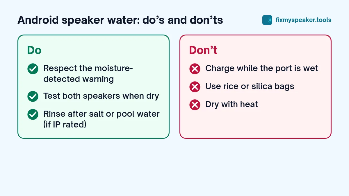 Android speaker water – Do: Respect the moisture-detected warning, Test both speakers when dry, Rinse after salt or pool water (if IP rated). Don’t: Charge while the port is wet, Use rice or silica bags, Dry with heat