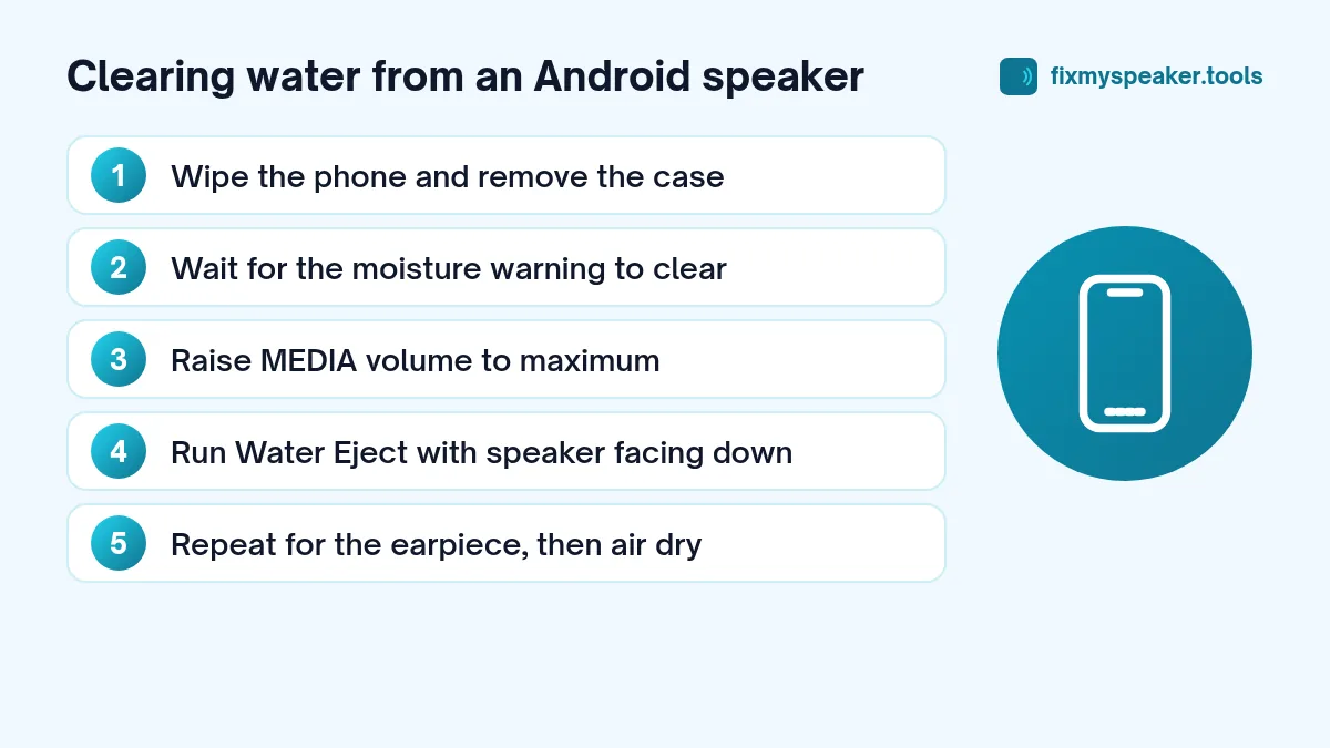Clearing water from an Android speaker: 1. Wipe the phone and remove the case; 2. Wait for the moisture warning to clear; 3. Raise MEDIA volume to maximum; 4. Run Water Eject with speaker facing down; 5. Repeat for the earpiece, then air dry