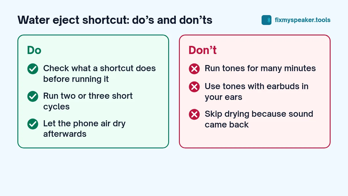water eject shortcut – Do: Check what a shortcut does before running it, Run two or three short cycles, Let the phone air dry afterwards. Don’t: Run tones for many minutes, Use tones with earbuds in your ears, Skip drying because sound came back