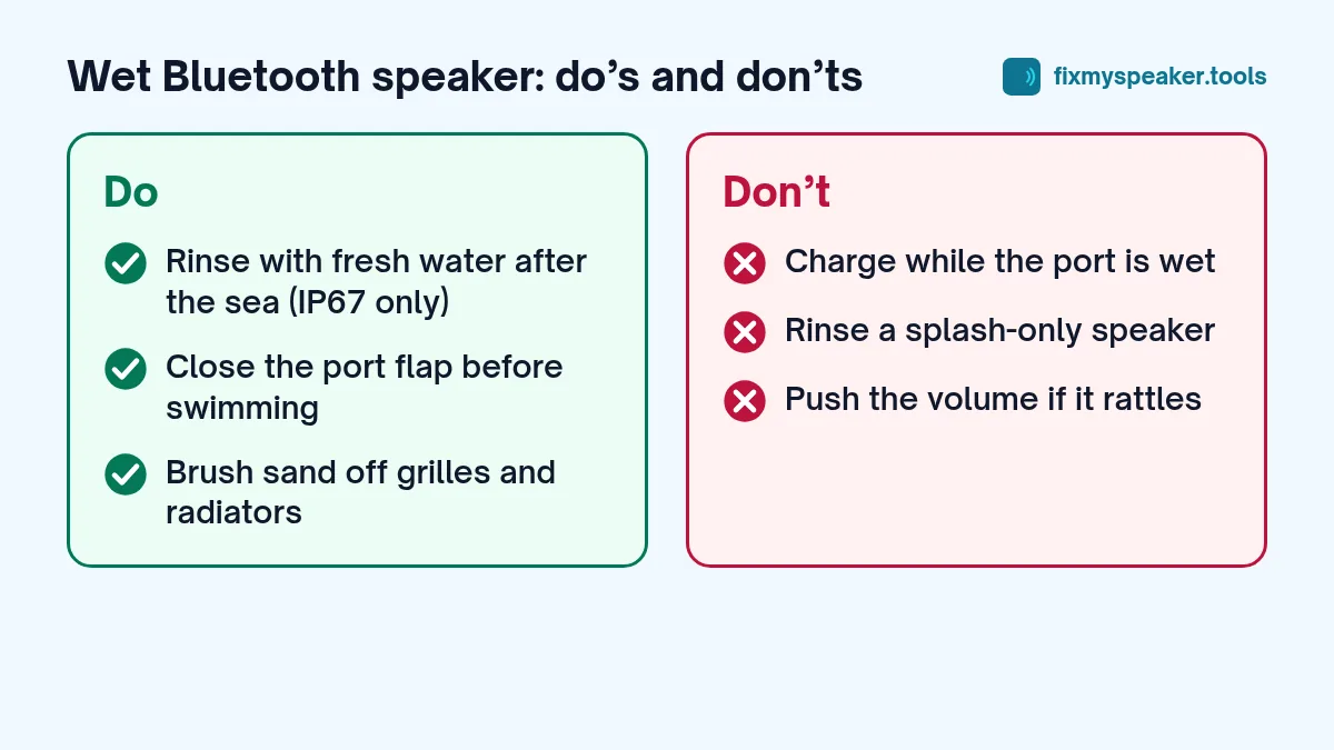 wet Bluetooth speaker – Do: Rinse with fresh water after the sea (IP67 only), Close the port flap before swimming, Brush sand off grilles and radiators. Don’t: Charge while the port is wet, Rinse a splash-only speaker, Push the volume if it rattles