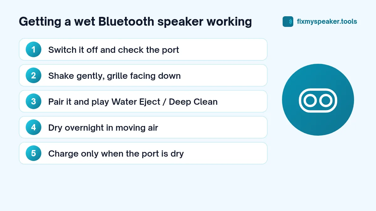 Getting a wet Bluetooth speaker working: 1. Switch it off and check the port; 2. Shake gently, grille facing down; 3. Pair it and play Water Eject / Deep Clean; 4. Dry overnight in moving air; 5. Charge only when the port is dry