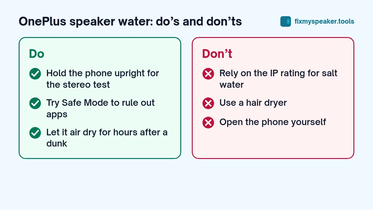OnePlus speaker water – Do: Hold the phone upright for the stereo test, Try Safe Mode to rule out apps, Let it air dry for hours after a dunk. Don’t: Rely on the IP rating for salt water, Use a hair dryer, Open the phone yourself