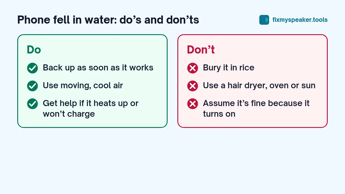 phone fell in water – Do: Back up as soon as it works, Use moving, cool air, Get help if it heats up or won’t charge. Don’t: Bury it in rice, Use a hair dryer, oven or sun, Assume it’s fine because it turns on