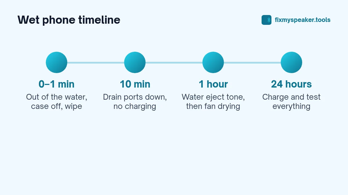 Timeline of what to do after a phone falls in water: first minute, 10 minutes, 1 hour, 24 hours