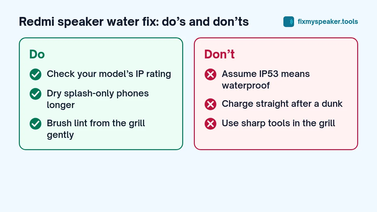 Redmi speaker water fix – Do: Check your model’s IP rating, Dry splash-only phones longer, Brush lint from the grill gently. Don’t: Assume IP53 means waterproof, Charge straight after a dunk, Use sharp tools in the grill