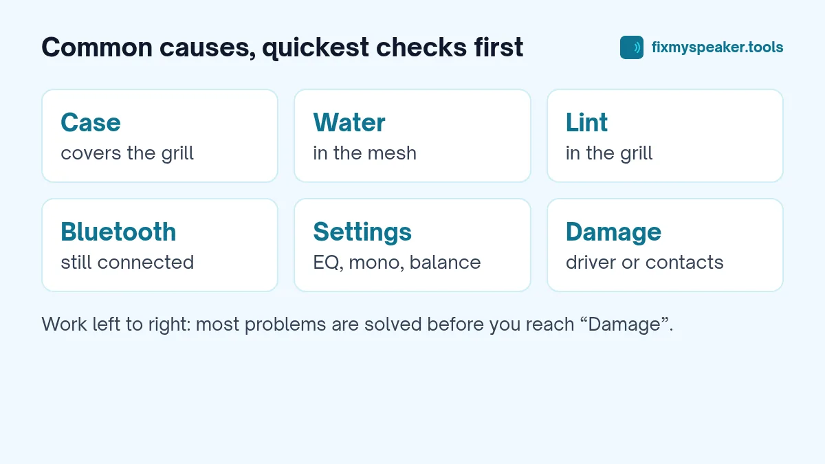 Grid of common causes of a muffled or crackling speaker: case, water, lint, Bluetooth, settings, damage