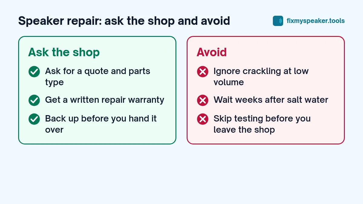 speaker repair – Ask the shop: Ask for a quote and parts type, Get a written repair warranty, Back up before you hand it over. Avoid: Ignore crackling at low volume, Wait weeks after salt water, Skip testing before you leave the shop