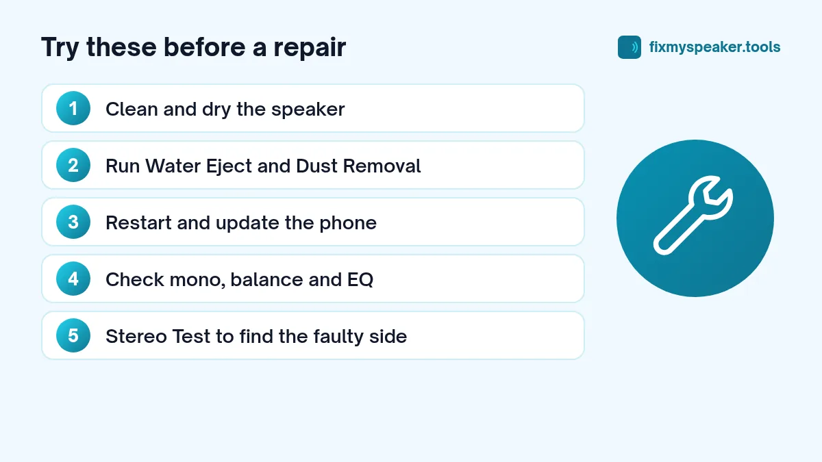 Try these before a repair: 1. Clean and dry the speaker; 2. Run Water Eject and Dust Removal; 3. Restart and update the phone; 4. Check mono, balance and EQ; 5. Stereo Test to find the faulty side