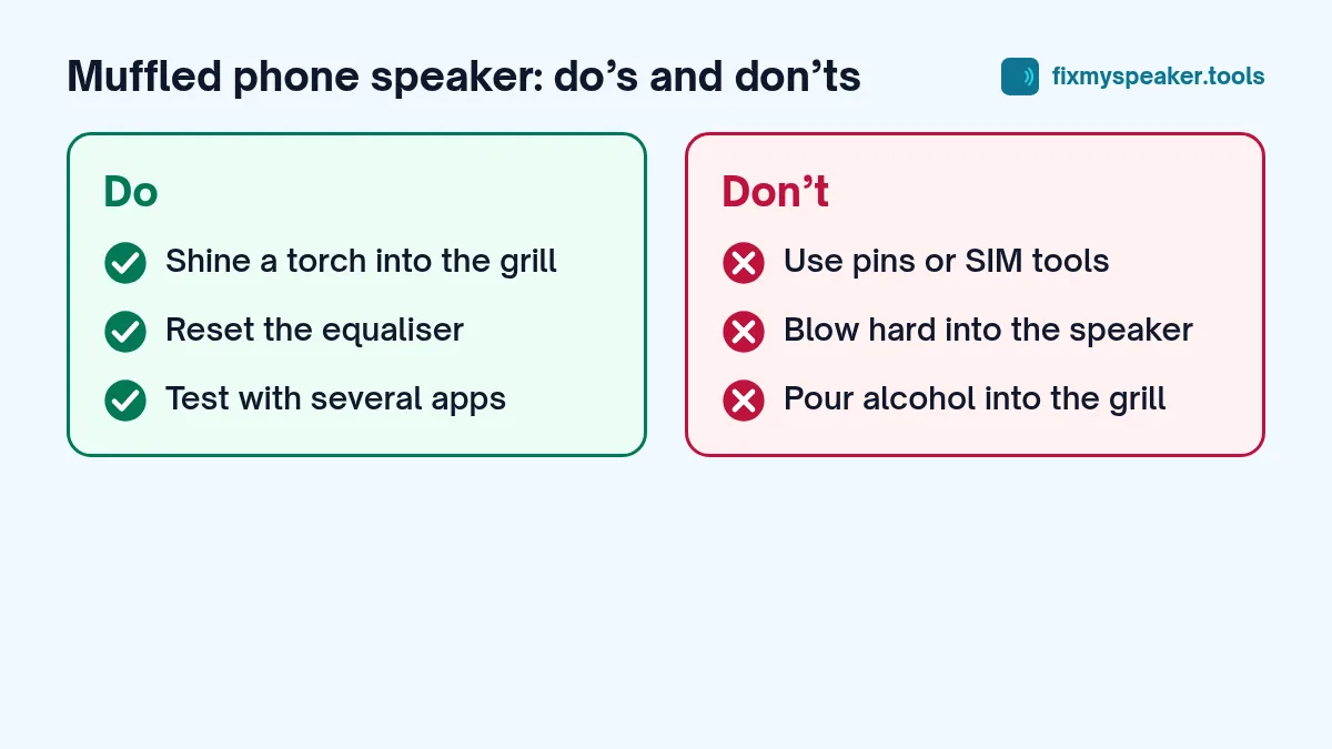 muffled phone speaker – Do: Shine a torch into the grill, Reset the equaliser, Test with several apps. Don’t: Use pins or SIM tools, Blow hard into the speaker, Pour alcohol into the grill